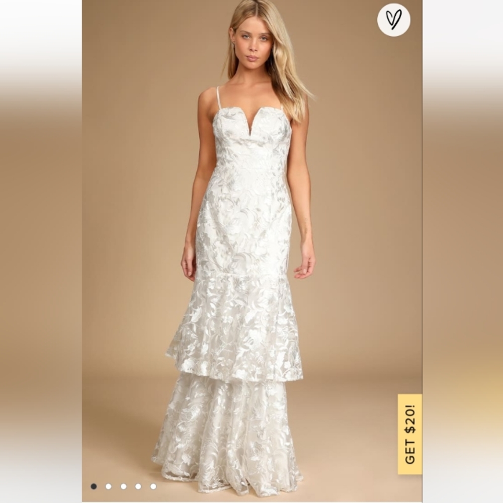 SOLD Lulu's Elegant Ways White Floral Embroidered Tiered Maxi Dress